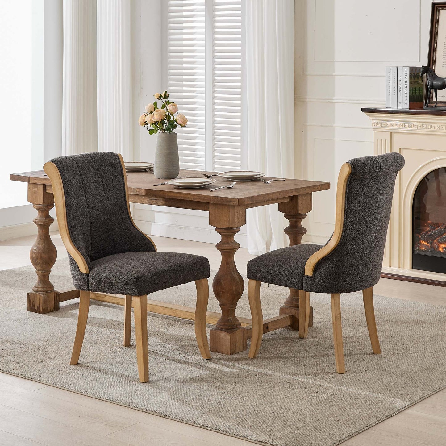 Snow Velvet Dining Chairs, Mid-Century Style with Curved Wood Trim & Sculpted Legs, Upholstered Comfort for Dining/Lounge, Accent Seating with Fluffy Fabric & Sturdy Wood, Set of 2, Gray
