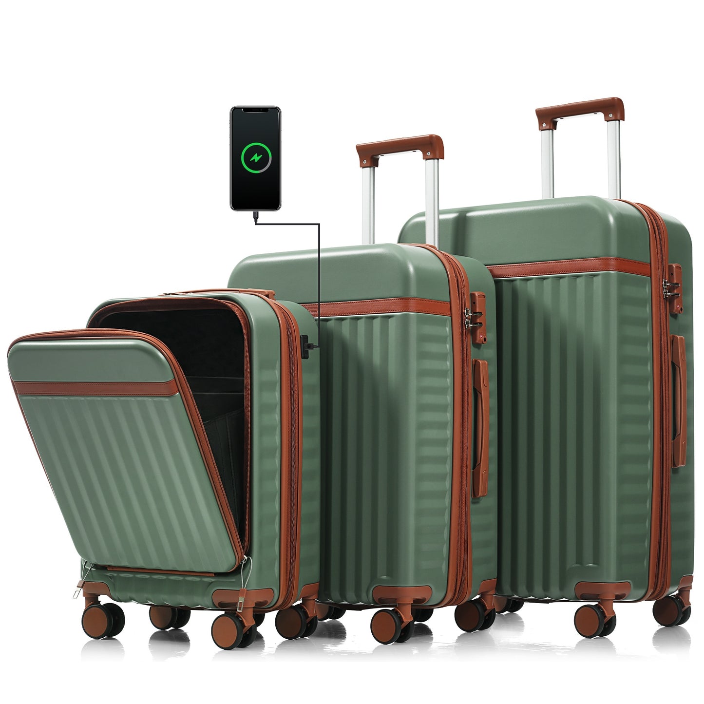 Luggage Set of 3, 20inch with USB Port, Front Opening Design Airline Certified