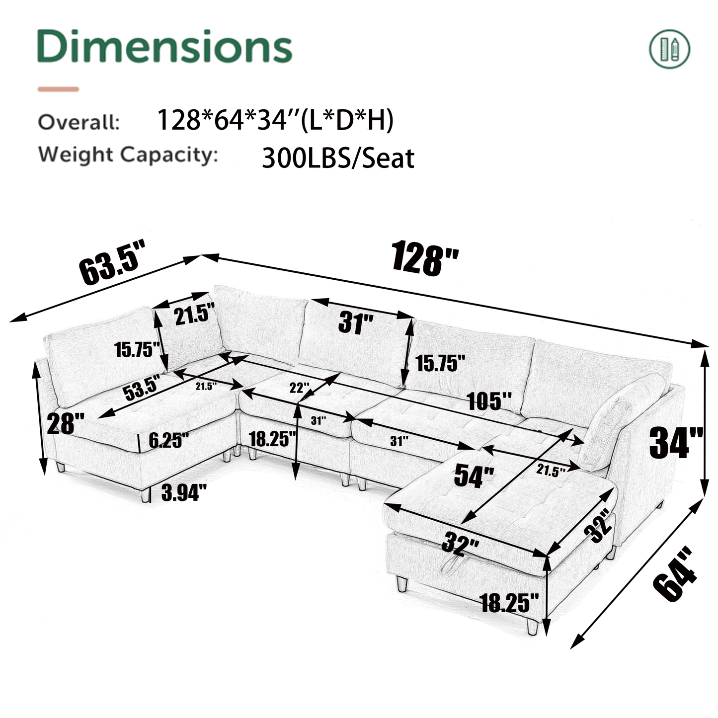 Modular Sectional Couch with Storage Ottoman, U Shaped Sofa, Storage Ottoman,Minimalist ,Convertible Modular Sofa,Chenille ,Upholstered,6 Seat,Living Room,   Green