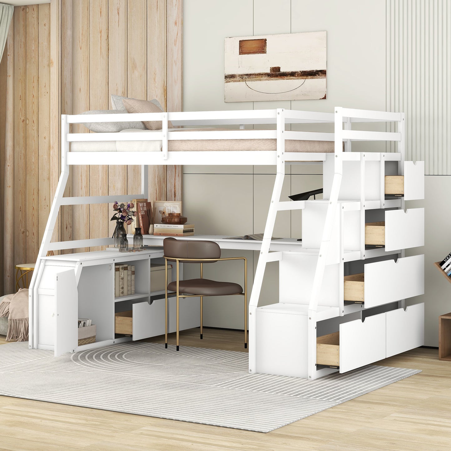 Twin Size Loft Bed with 7 Drawers 2 Shelves and Desk