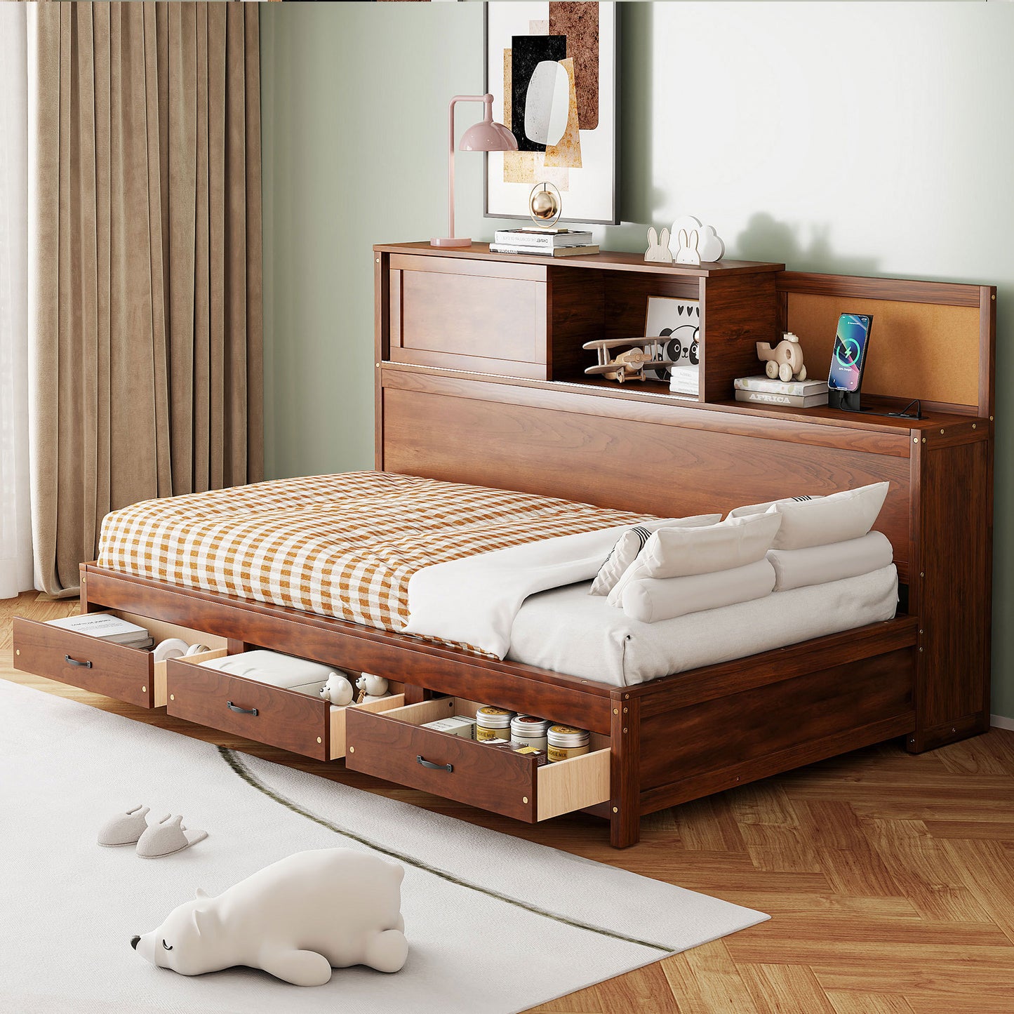 Wooden Daybed with 3 Storage Drawers, Upper Soft Board, Shelf, Sockets