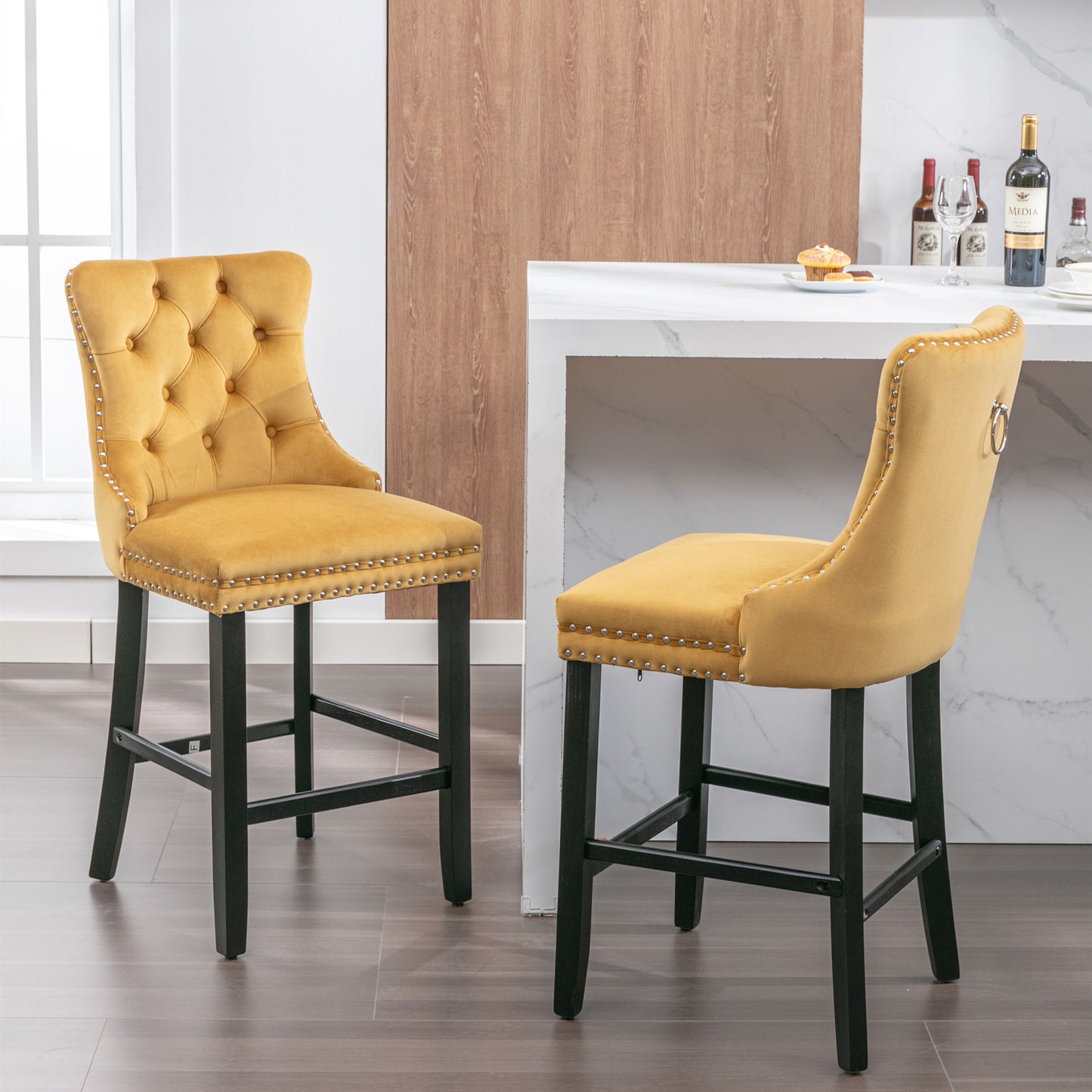 Contemporary Velvet Upholstered Barstools with Button Tufted Decoration, Wooden Legs, and