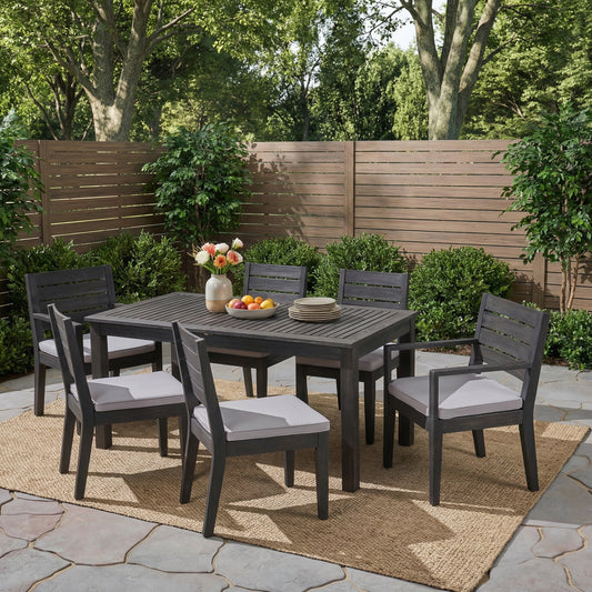 Outdoor Acacia Wood Expandable Dining Set, 7 Piece Patio Furniture Set with Extendable Table, Sandblast Dark Gray Finish & Light Gray Cushions for Garden, Backyard, Outdoor Dining