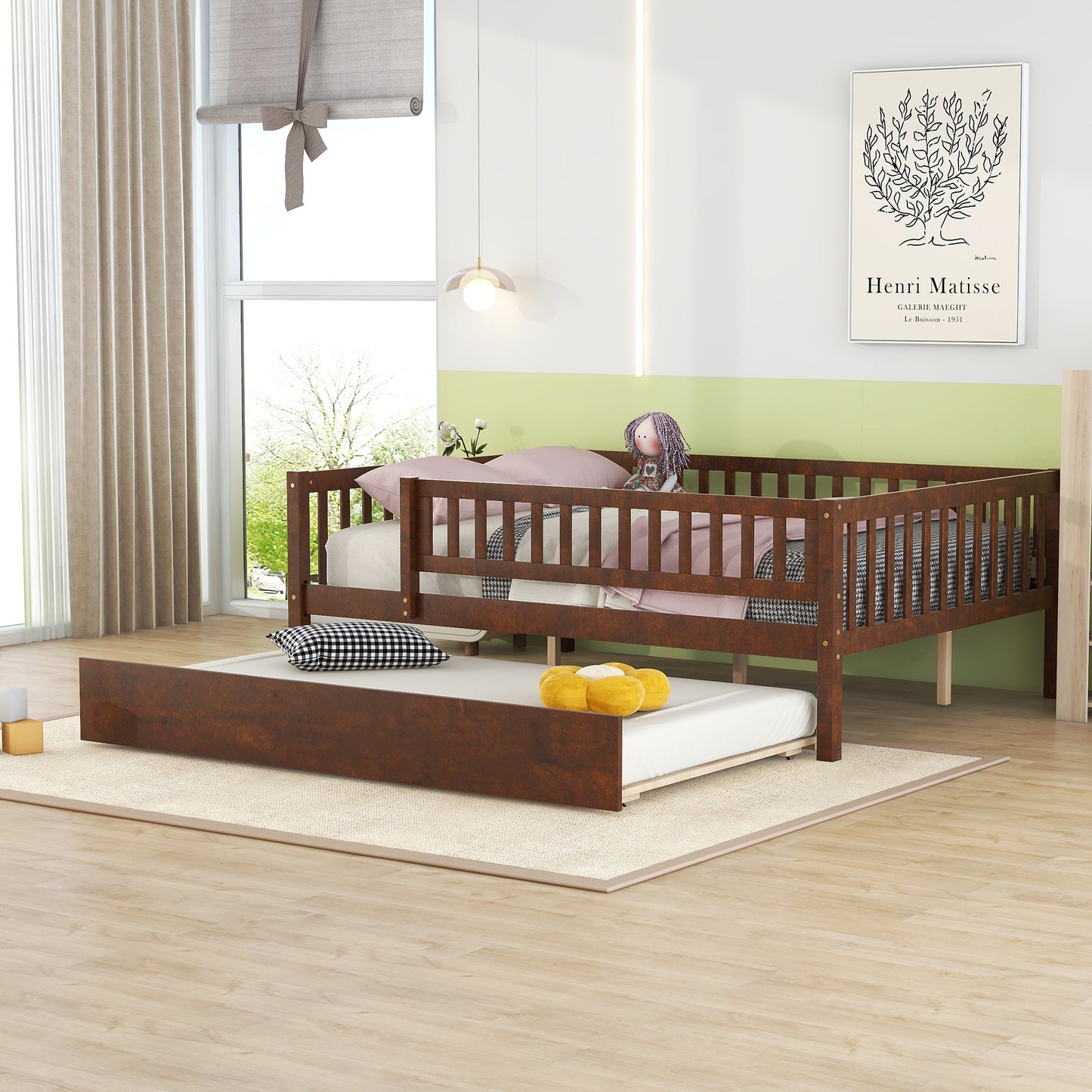 Full Size Wood Daybed with Trundle and Fence Guardrails