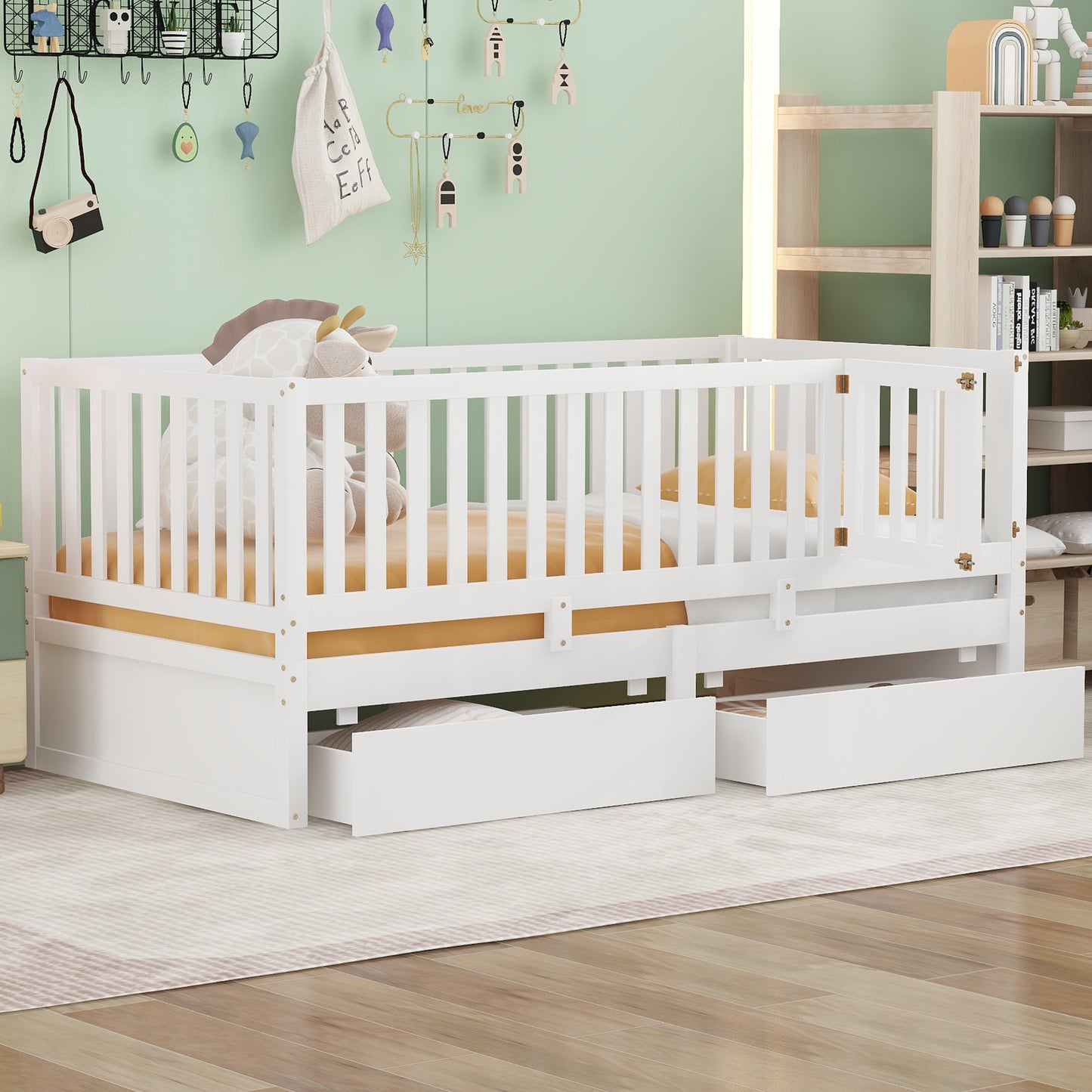 Twin Size Wood Daybed with Fence Guardrails and 2 Drawers, Split into Independent Floor Bed