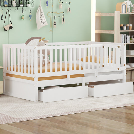 Daybed, Twin Size, Solid Wood and MDF with Two Storage Drawers, Guardrails, and Floor Bed Design for Bedroom or Living Room