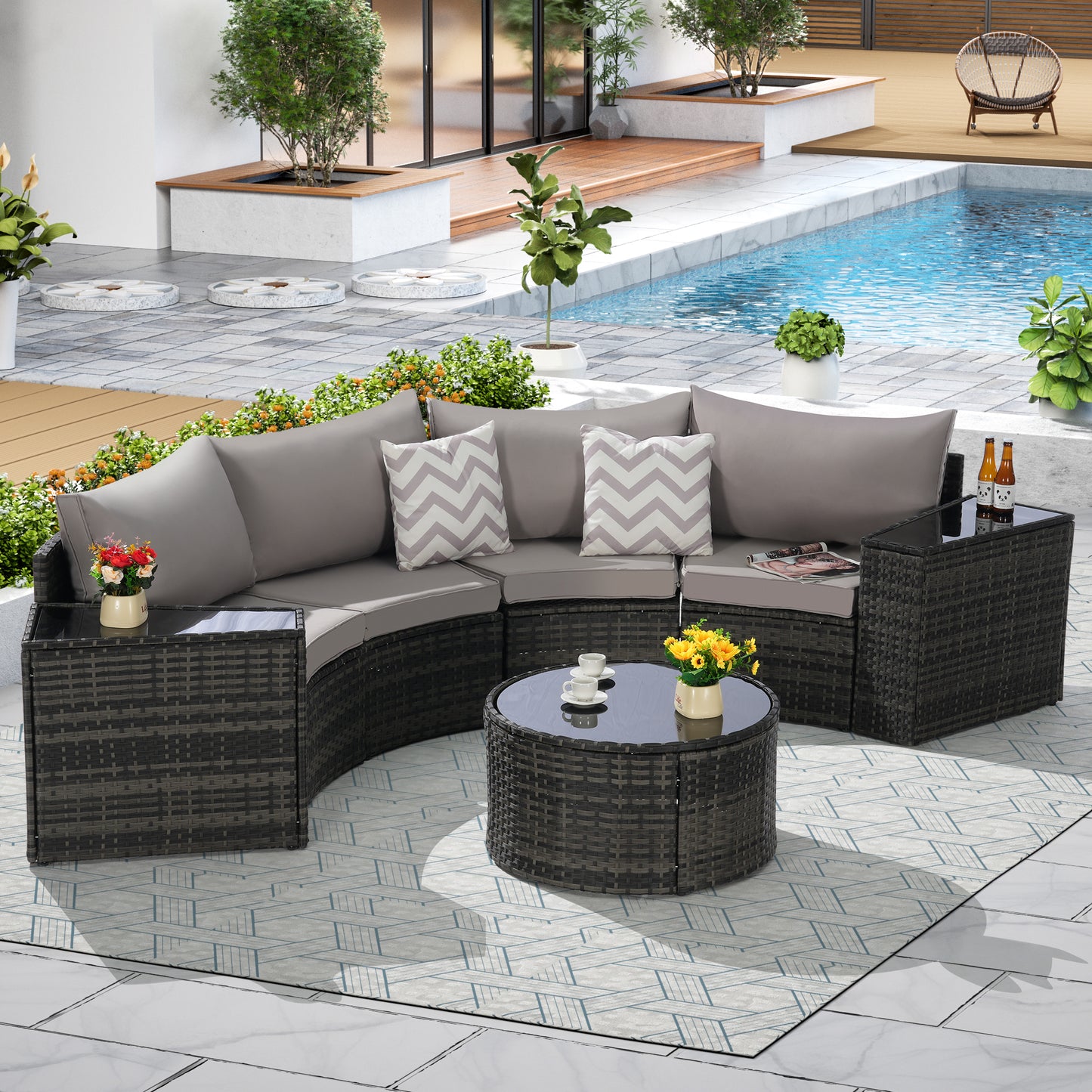 Outdoor Half Moon Sectional Sofa Set – Round Patio Conversation Set with Tempered Glass Coffee Table, Wicker Rattan Furniture