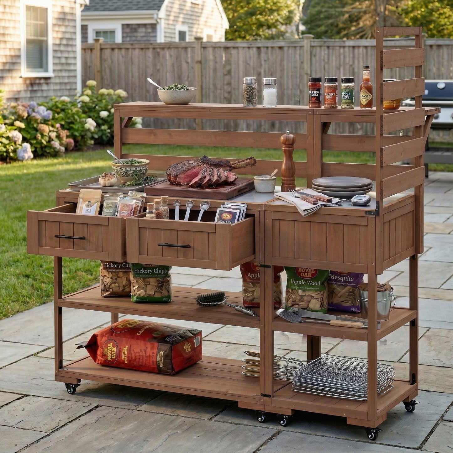 62.3'' Patio Kitchen Island Solid Wood Kitchen Cart with Stainless Table Top, Garden Pot