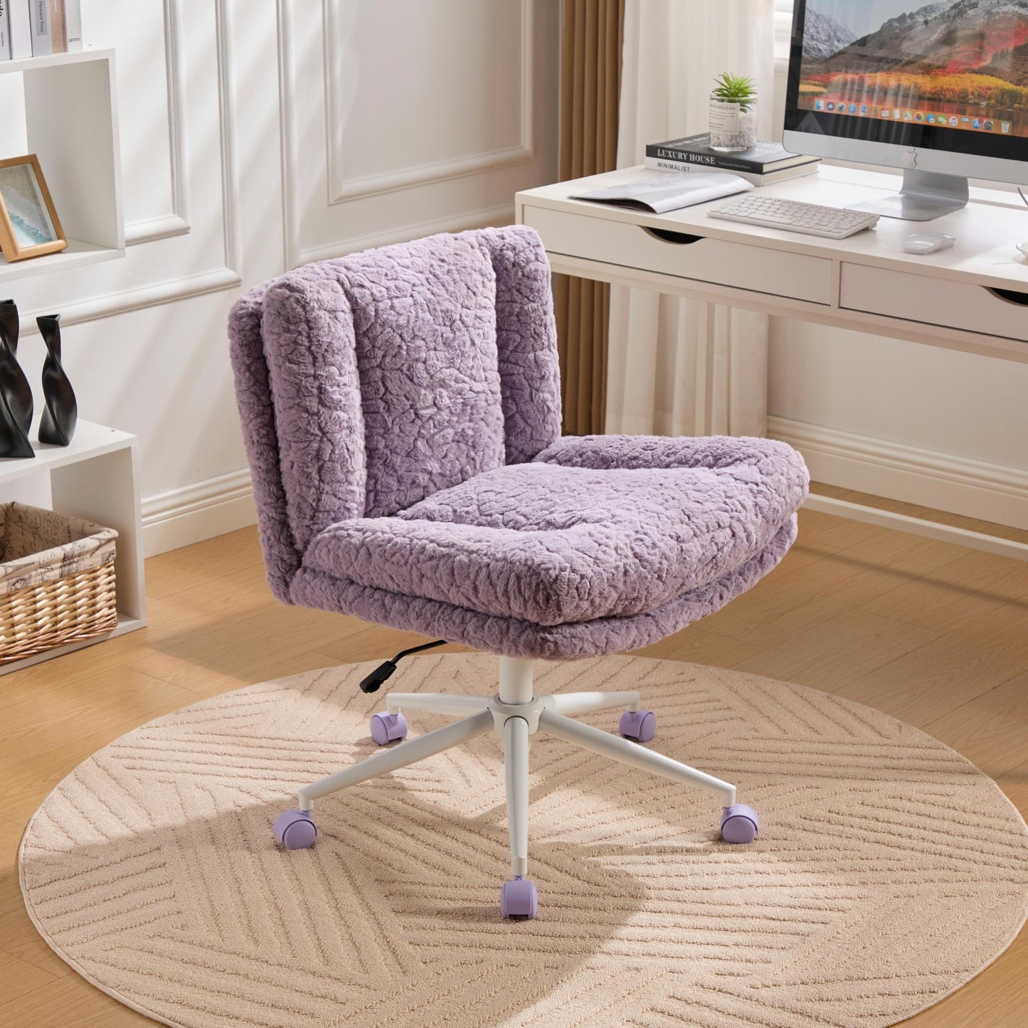 W26.4 inch Wider Seat Artificial Rabbit Hair Swivel Office Chair with Metal Base