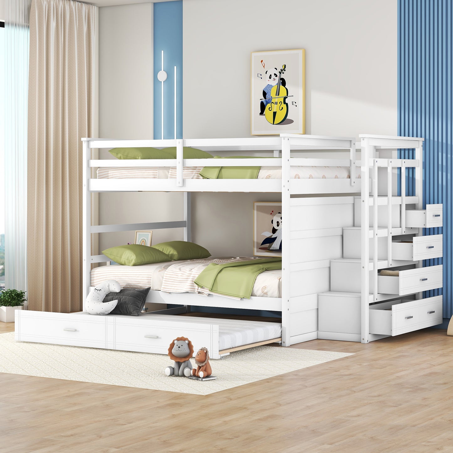 Full Over Full Bunk Bed with Twin Size Trundle and Staircase