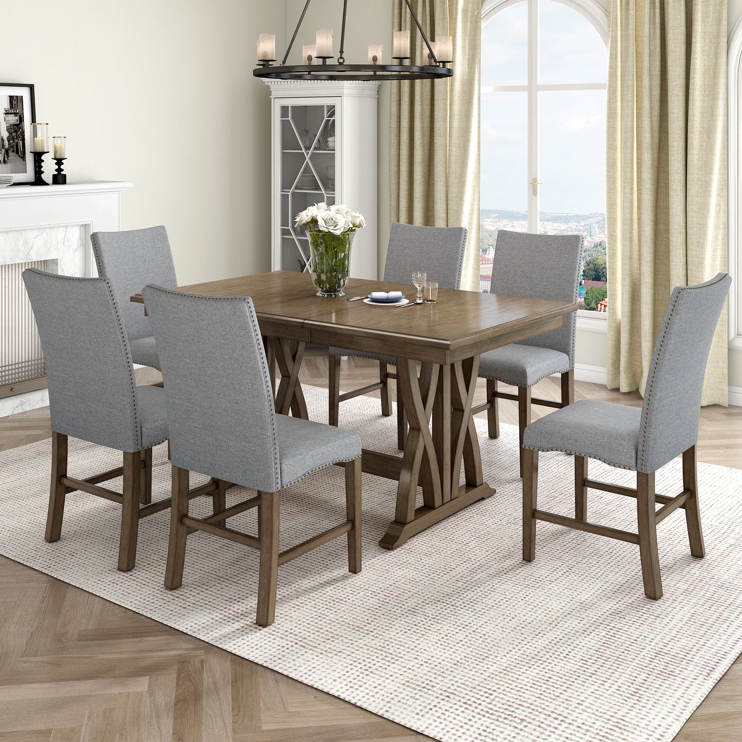 Mid-Century Solid Wood 7-Piece Dining Table Set Extendable Kitchen Table Set with Upholstered Chairs and 12' Leaf for 6, Golden Brown+Gray Cushion