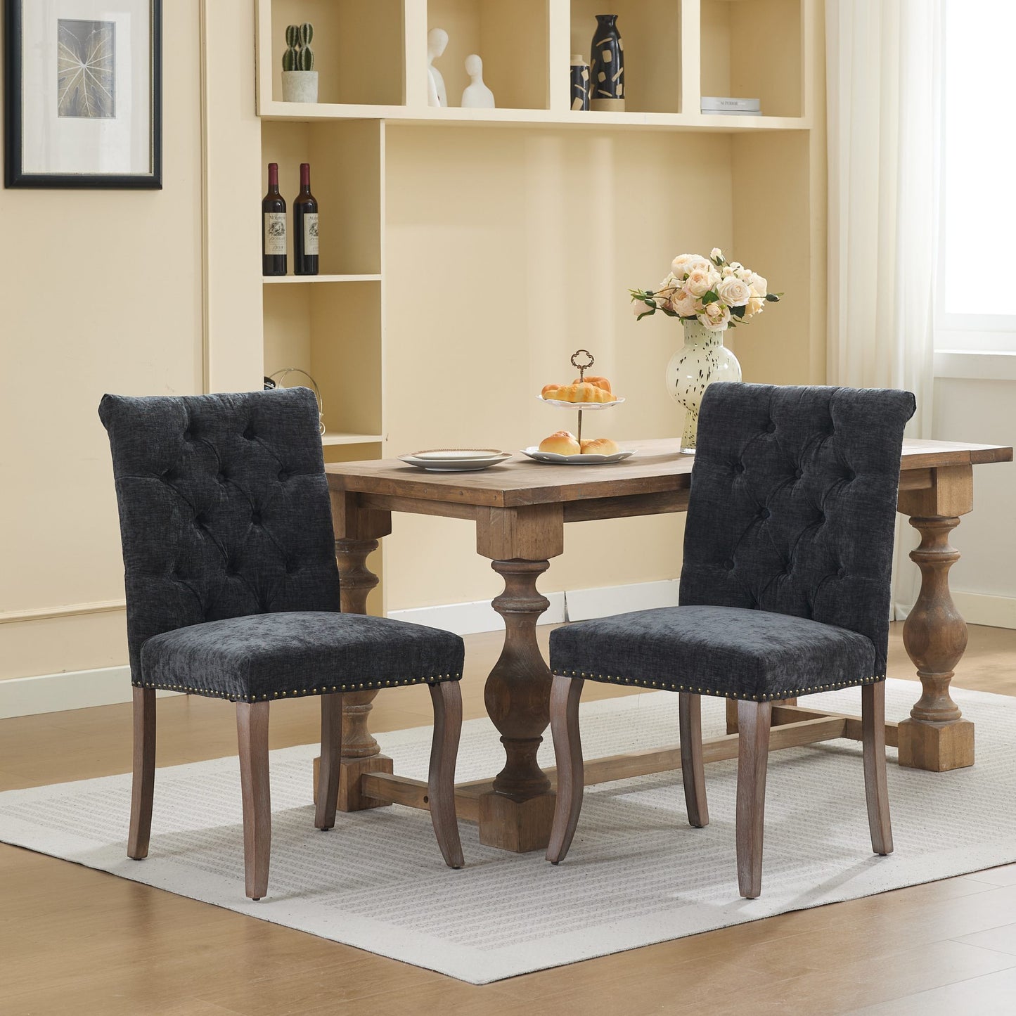 Upholstered Chenille Fabric Accent Dining Chair, Curved Solid Wood Legs, Elegant Tufted