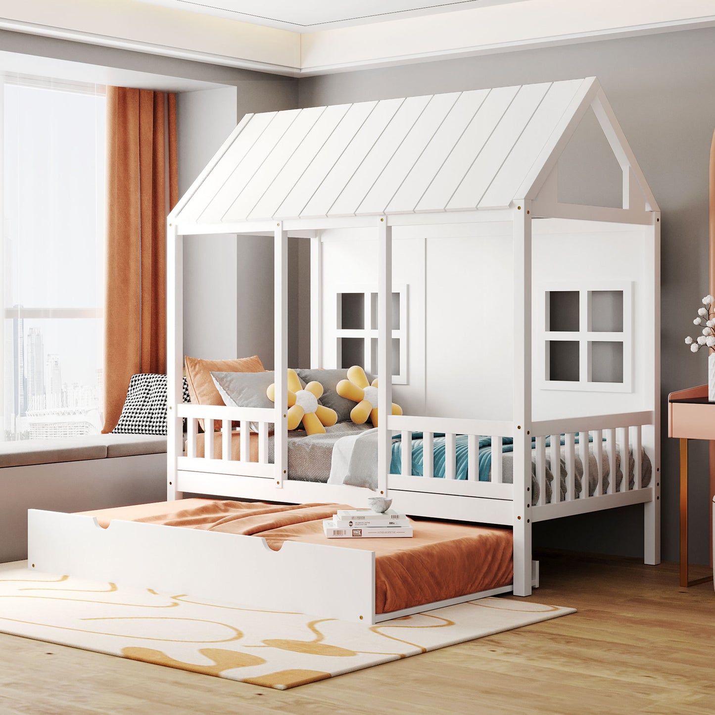 Wood House Bed With Twin Size Trundle, Wooden Daybed