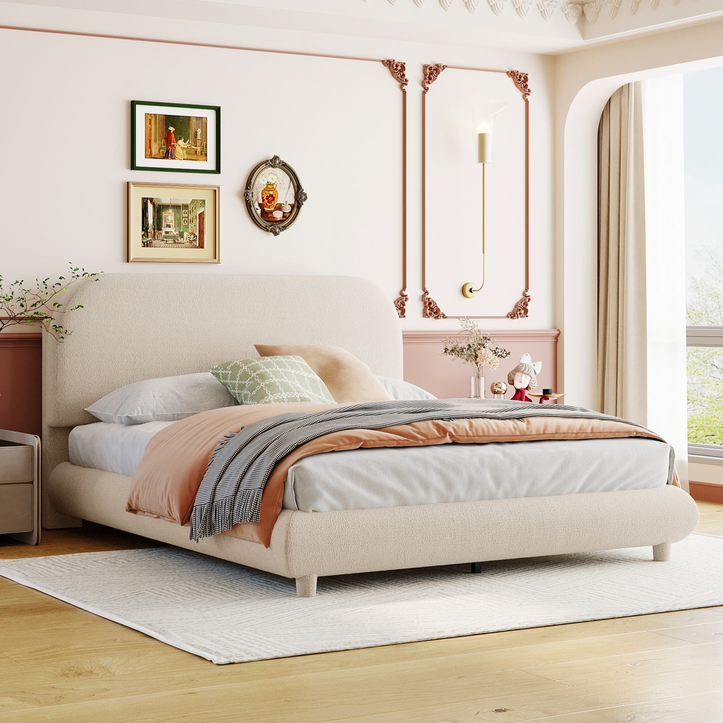 Teddy Fleece Upholstered Platform Bed with Thick Fabric, Solid Frame and Stylish Curve-shaped Design