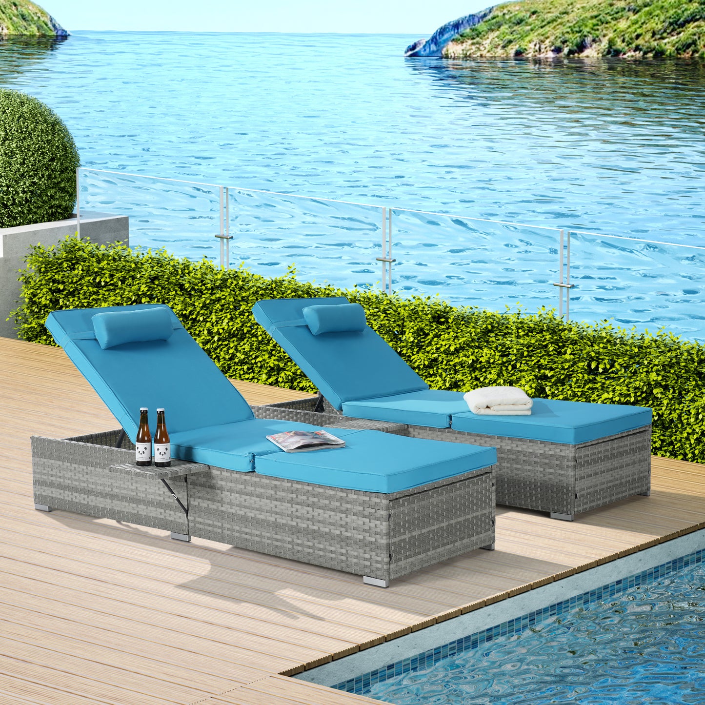 Outdoor PE Rattan Chaise Lounge Set of 2 with Table – Adjustable Patio Reclining Chairs, Wicker Sun Loungers, Weather-Resistant Garden Set