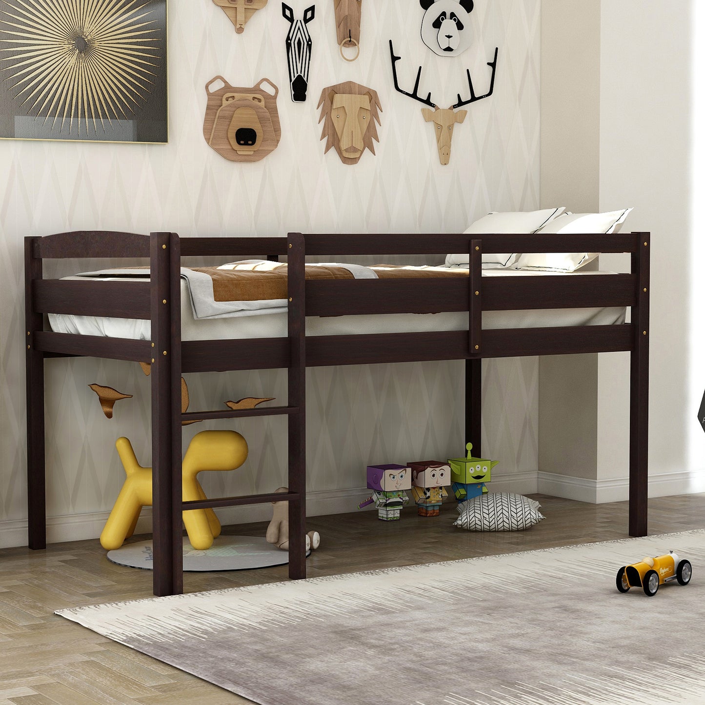Twin Wood Loft Bed Low Loft Beds with Ladder