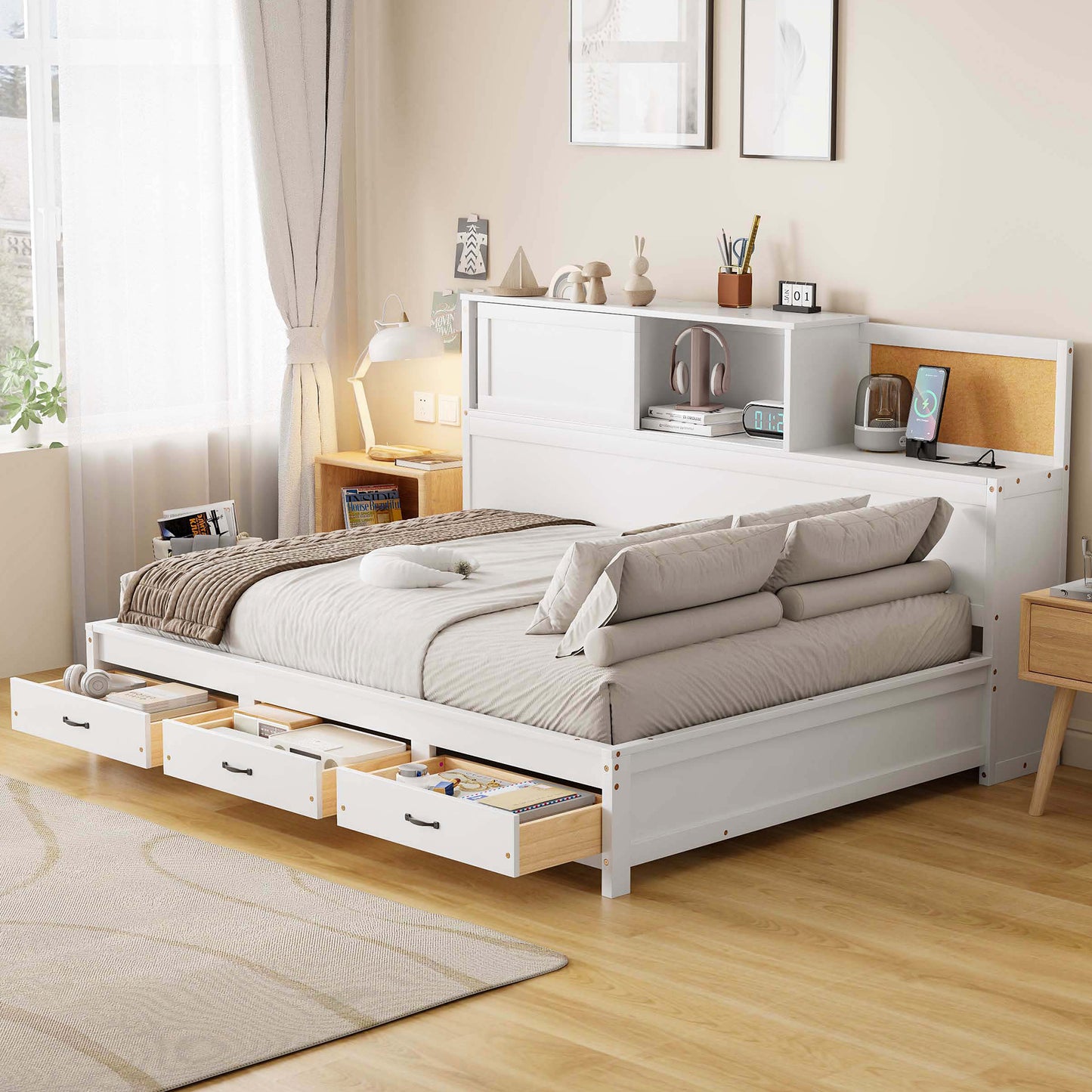 Wooden Daybed with 3 Storage Drawers, Upper Soft Board, Shelf, Sockets