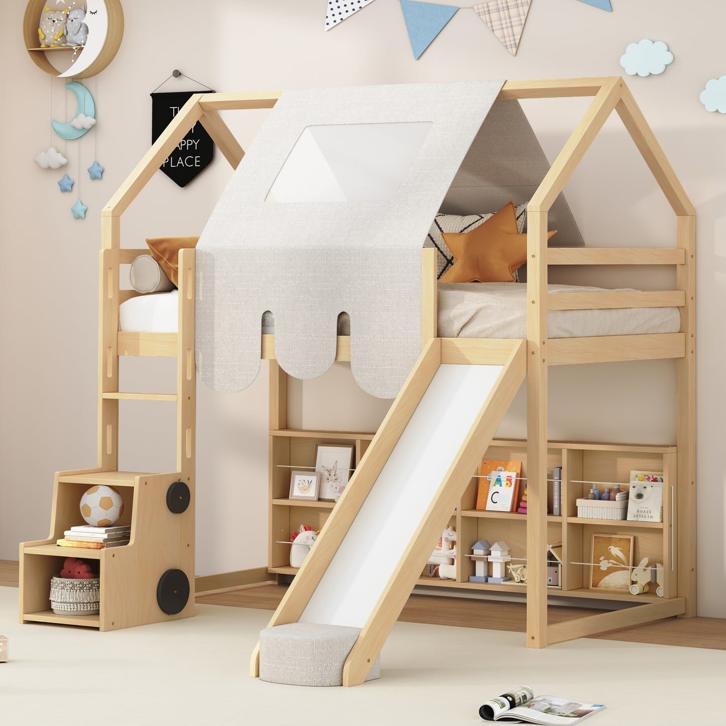 Twin size Wooden Loft Bed House-shaped Frame with a Tent