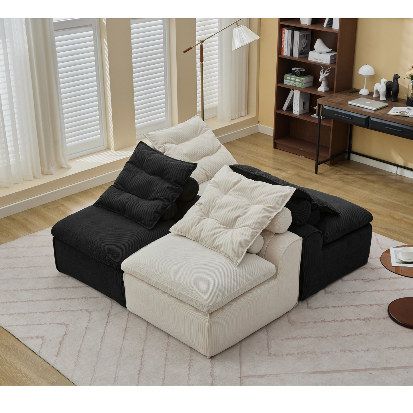 Modular Sofa,No Armrests,At will DIY,Corduroy ,Neck Pillow-Back Lounge Sofa Chair,Reading Nook, or Apartment Living, Lumbar Pillow,4 Seats,Upholstered,Beige,Black