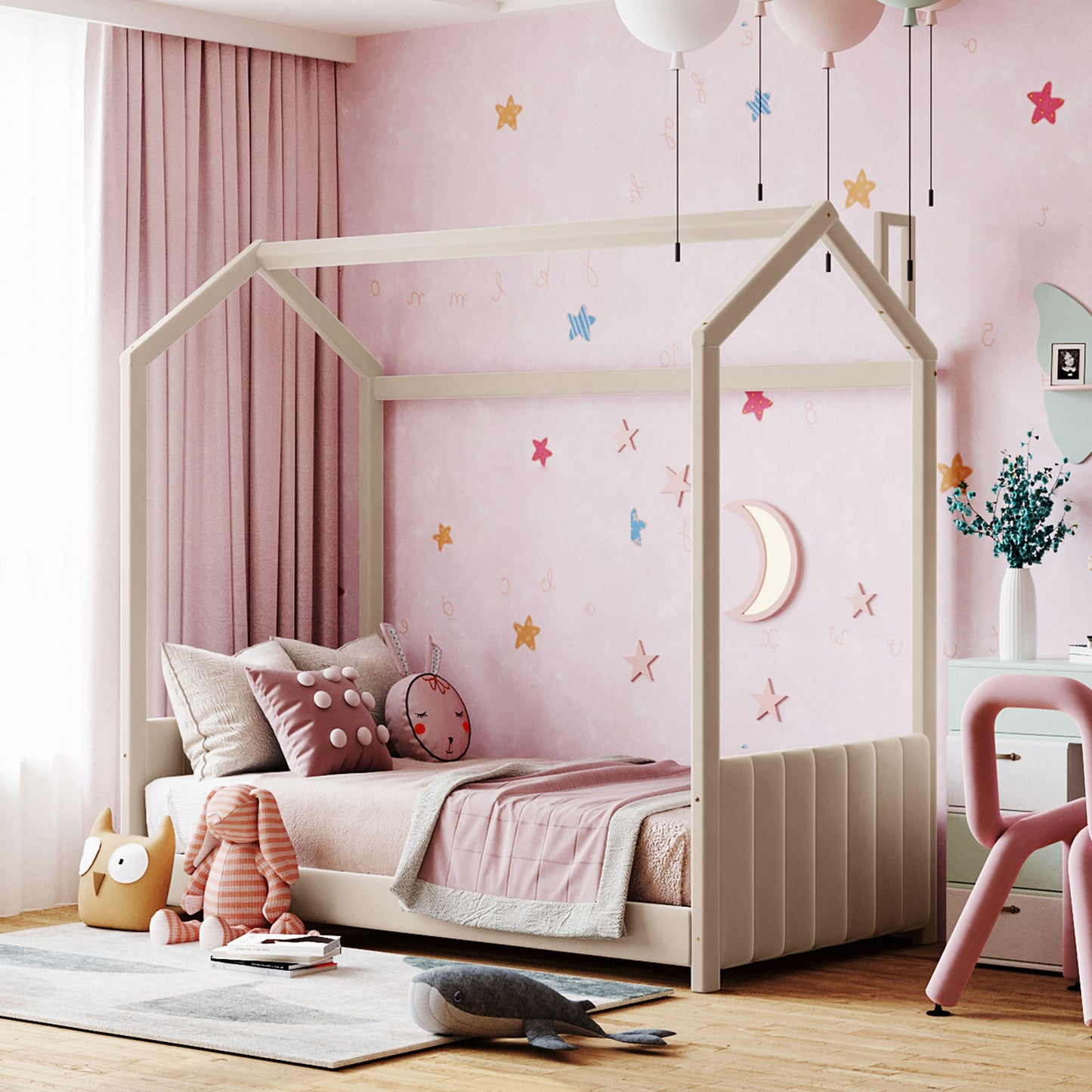 Twin Size Velvet House Bed Wood Bed