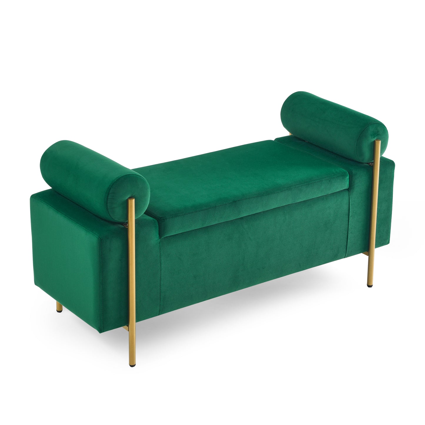 Elegant Upholstered Storage Bench with Cylindrical Arms and Iron Legs