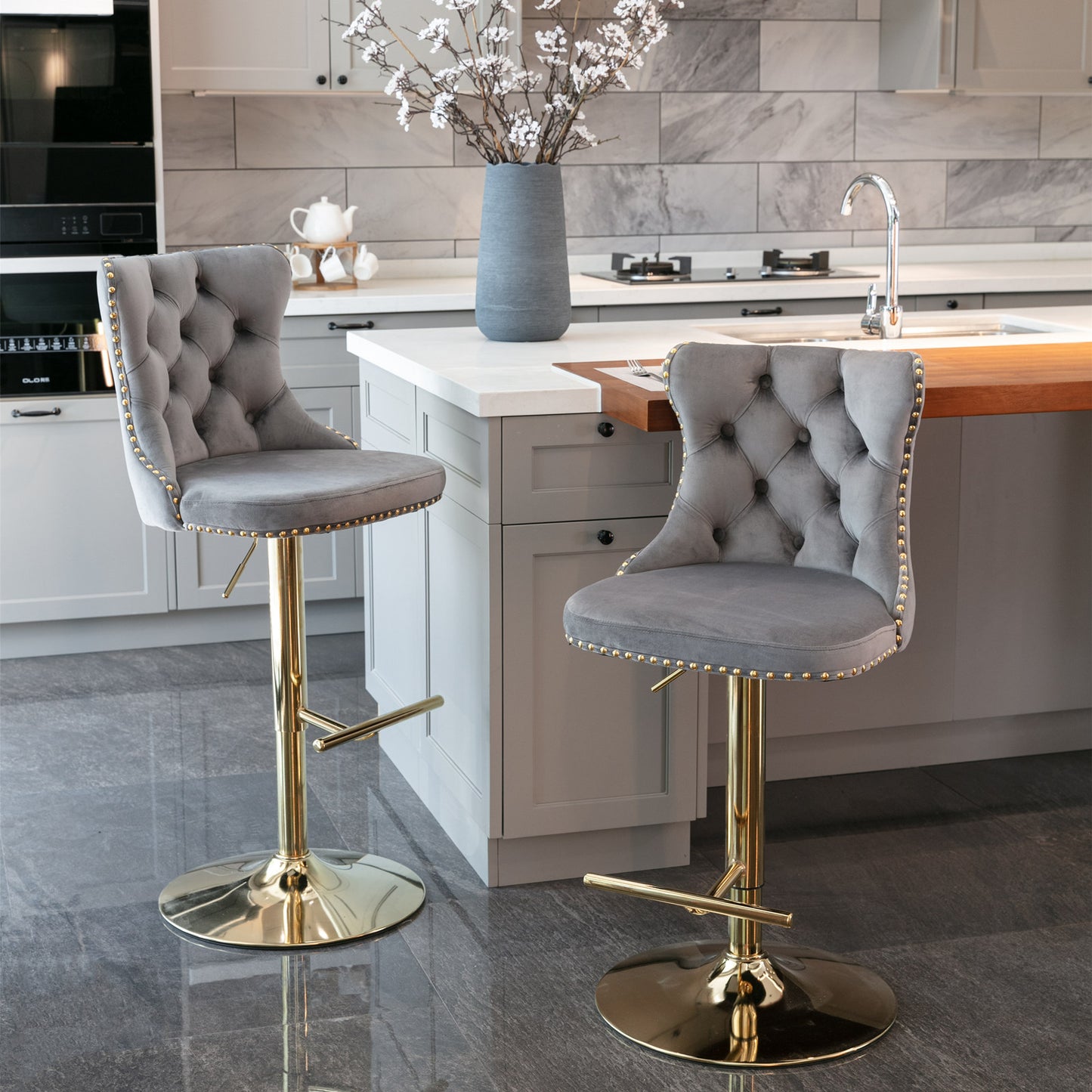 Golden Swivel Velvet Barstools Adjustable Seat Height from 25-33 inch