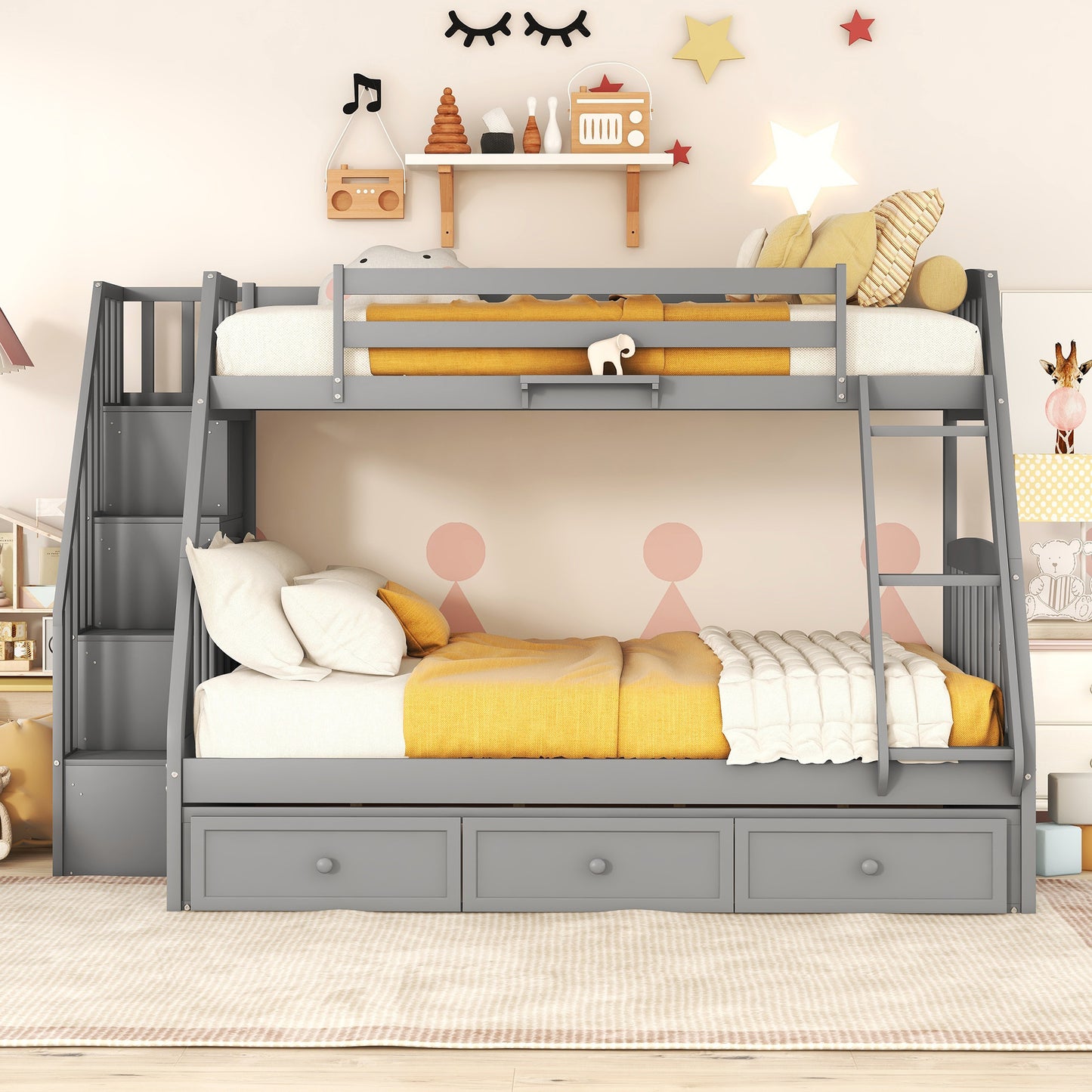 Twin-Over-Full Bunk Bed with Drawers, Ladder and Storage Staircase