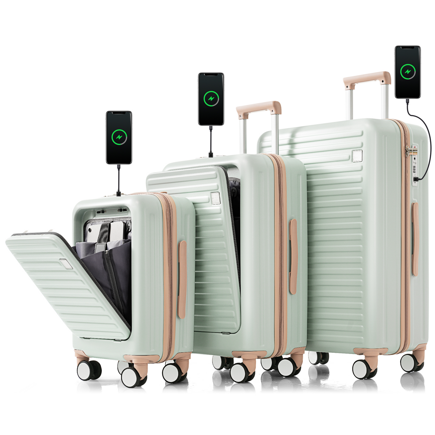 Luggage Set of 3, 20, 24, 28inch with USB Port, 20, 24inch with front opening design Airline Certified Carry on Luggage
