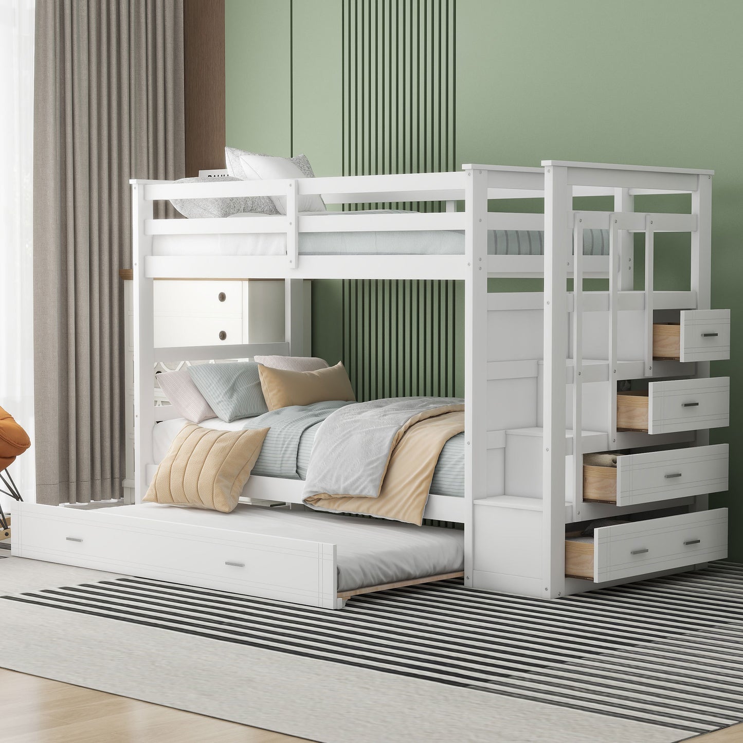 Twin Over Twin Bunk Bed with Trundle and Staircase