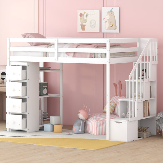 Loft Bed White Solid Wood with Storage for Bedroom and Guest Room