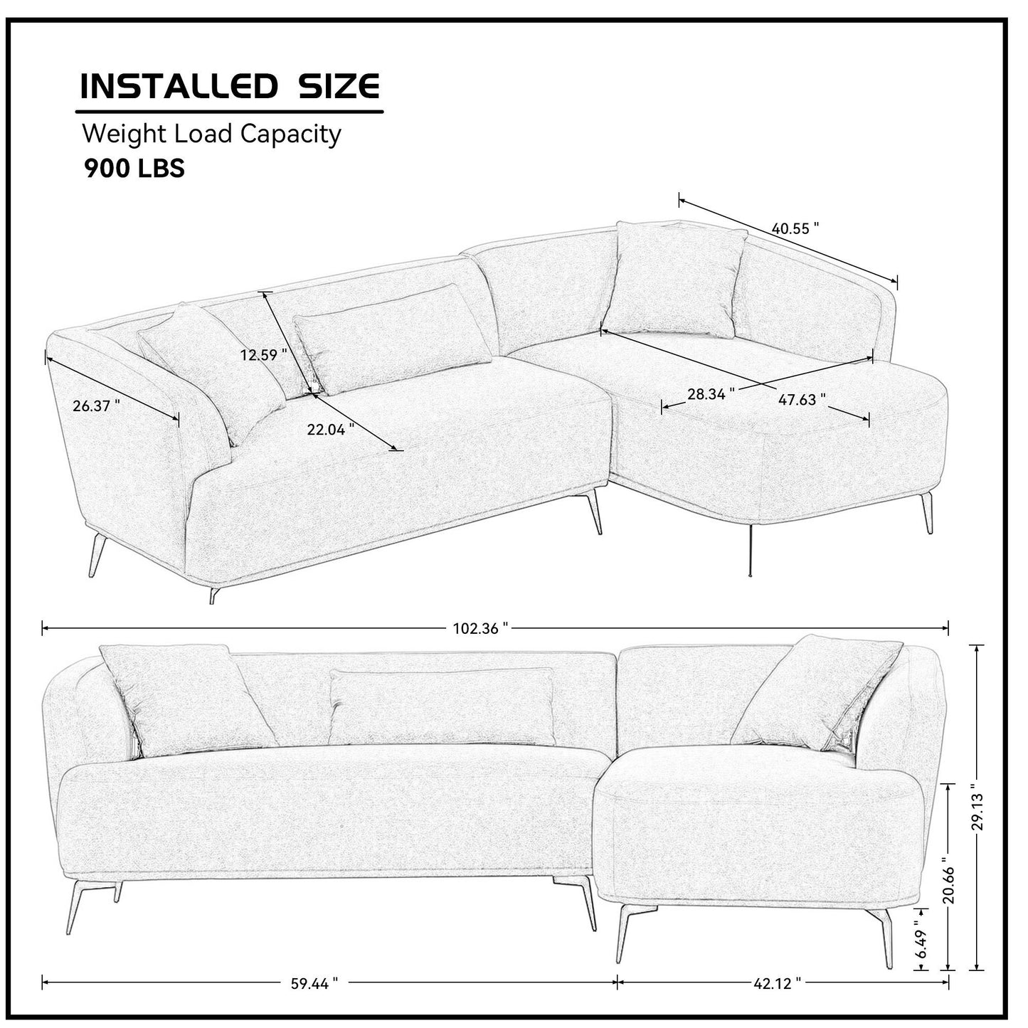 102" L shape Sectional Sofa Couch with Chaise Lounge for Living room/ Office, Metal Legs,Dark Grey