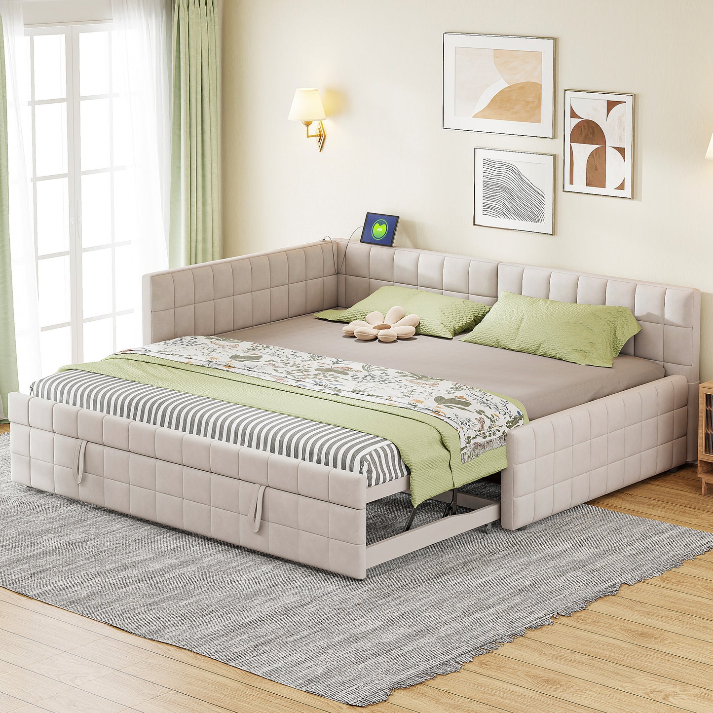 Full Size Upholstered L-Shaped Daybed with Twin Size Pop Up Trundle and USB Ports