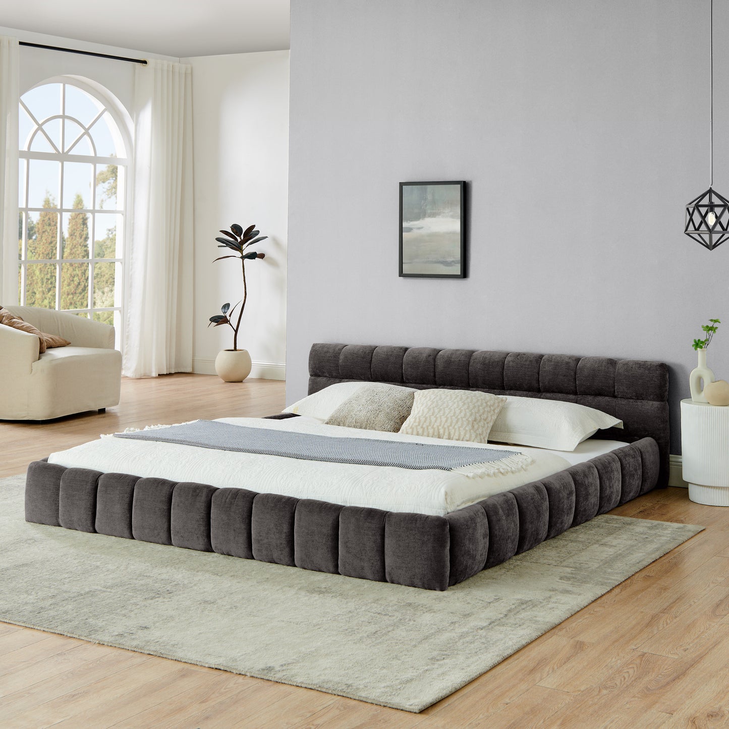 Upholstered Bed Frame with Thick Chenille Fabric, Grounded Platform Bed with Headboard and