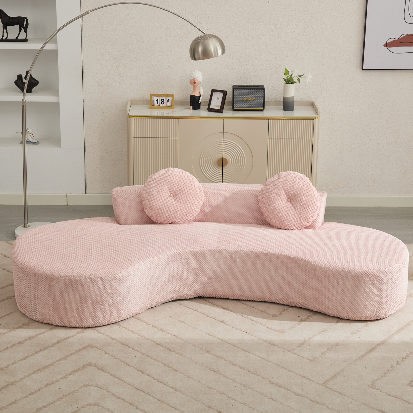 105.5''Curved Sofa, Modern Minimalist Sofa, Cloud Couch Sofa 3-4 Seater Couch with 2 Pillows,Bedroom,  No Assembly Required, Point-shaped corduroy,(Anti-Wrinkle) ,Pink