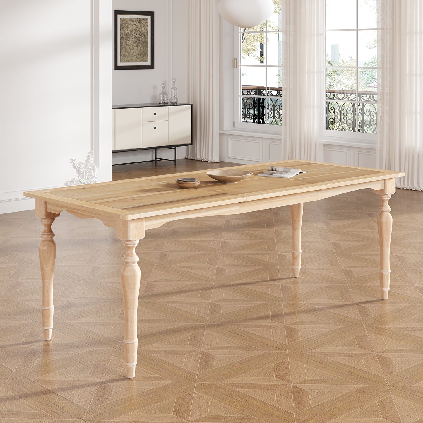 Vintage Traditional 82.7inch Extendable Dining Table with 23.6inch Removable Leaf, Natural