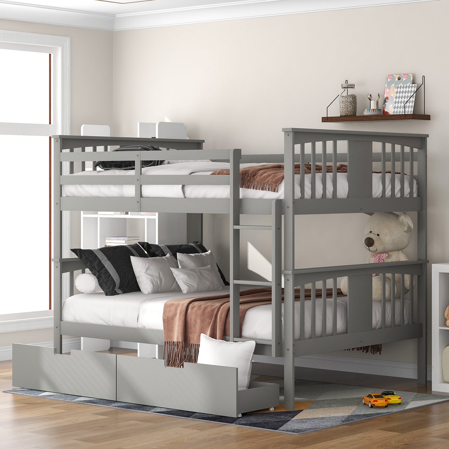 Full over Full Bunk Bed with Drawers and Ladder for Bedroom, Guest Room Furniture