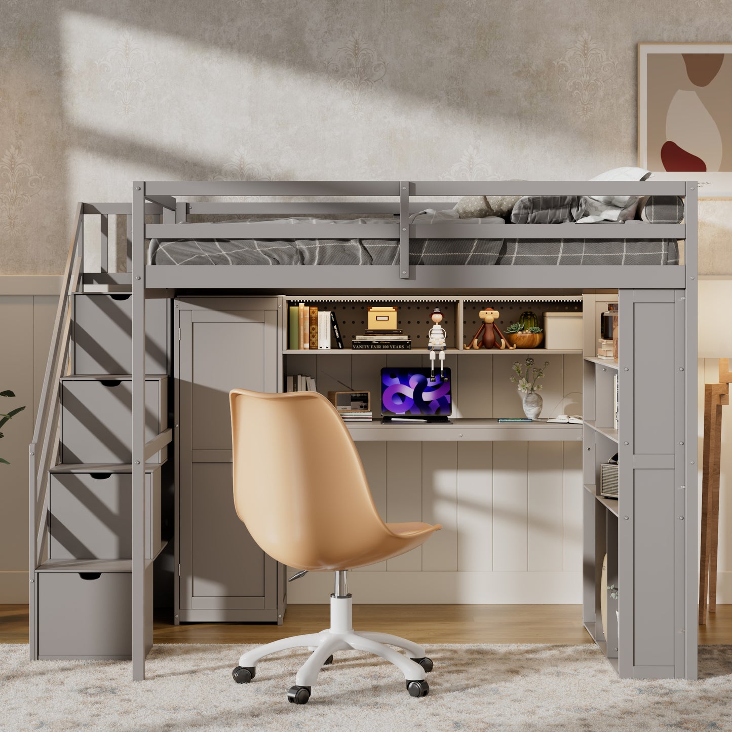 Loft Bed Frame with Built-In Wardrobe, Study Desk, Storage Shelves & Lights, Space-Saving Design for Bedroom