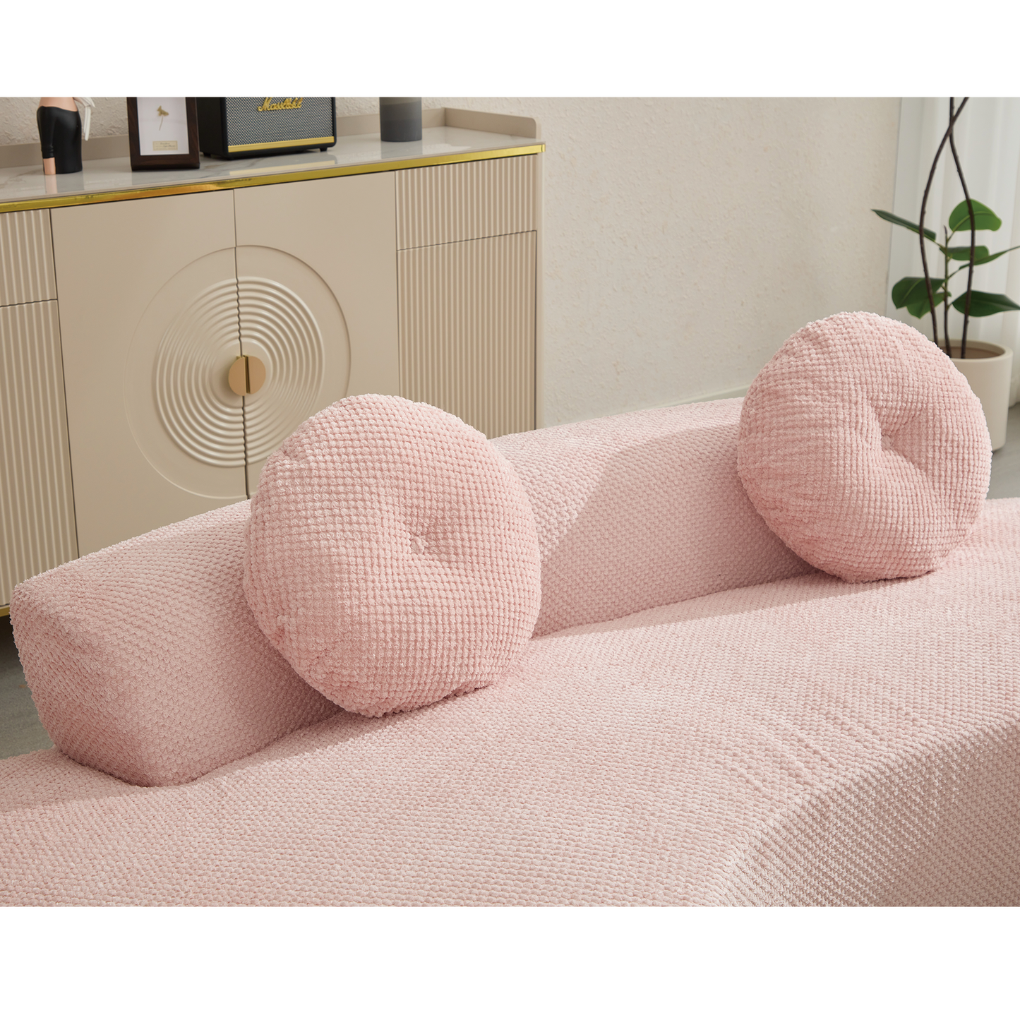 105.5''Curved Sofa, Modern Minimalist Sofa, Cloud Couch Sofa 3-4 Seater Couch with 2 Pillows,Bedroom,  No Assembly Required, Point-shaped corduroy,(Anti-Wrinkle) ,Pink