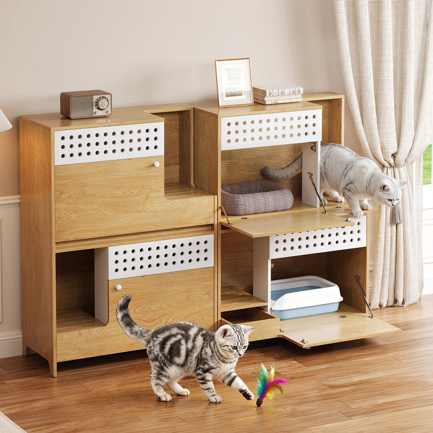2-Piece Modern Cat Litter Box Enclosure Set – Hidden Cat House Side Table Furniture with Storage