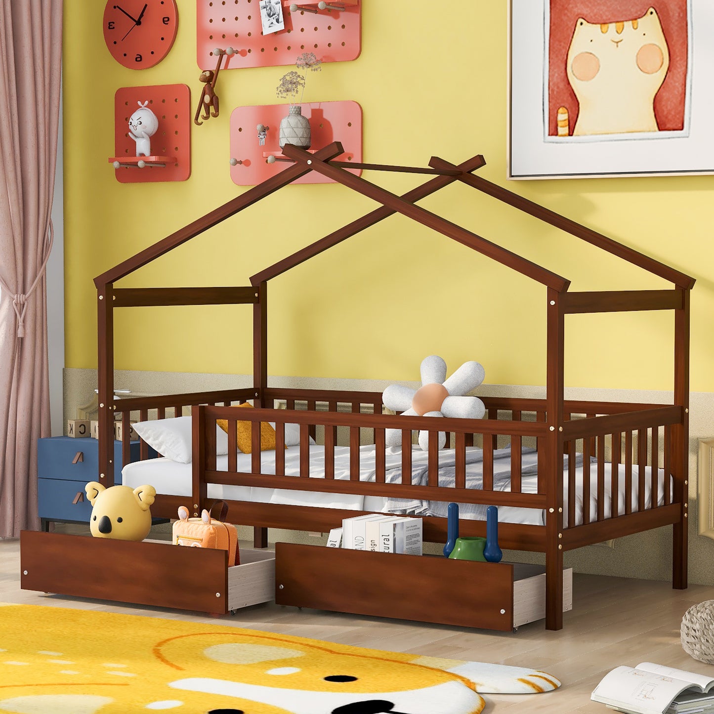 Twin Size Wooden House Bed with Two Drawers