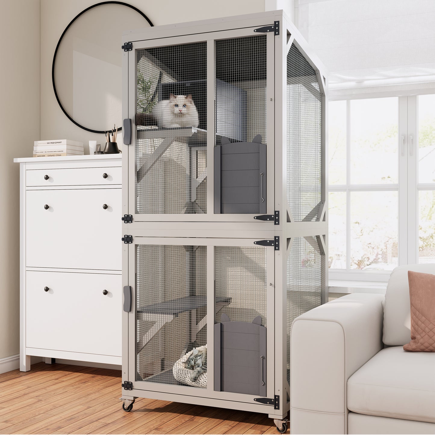 Large Outdoor Wooden Catio with Wheels – Multi-Level Cat Enclosure House with Platforms and Lockable Door