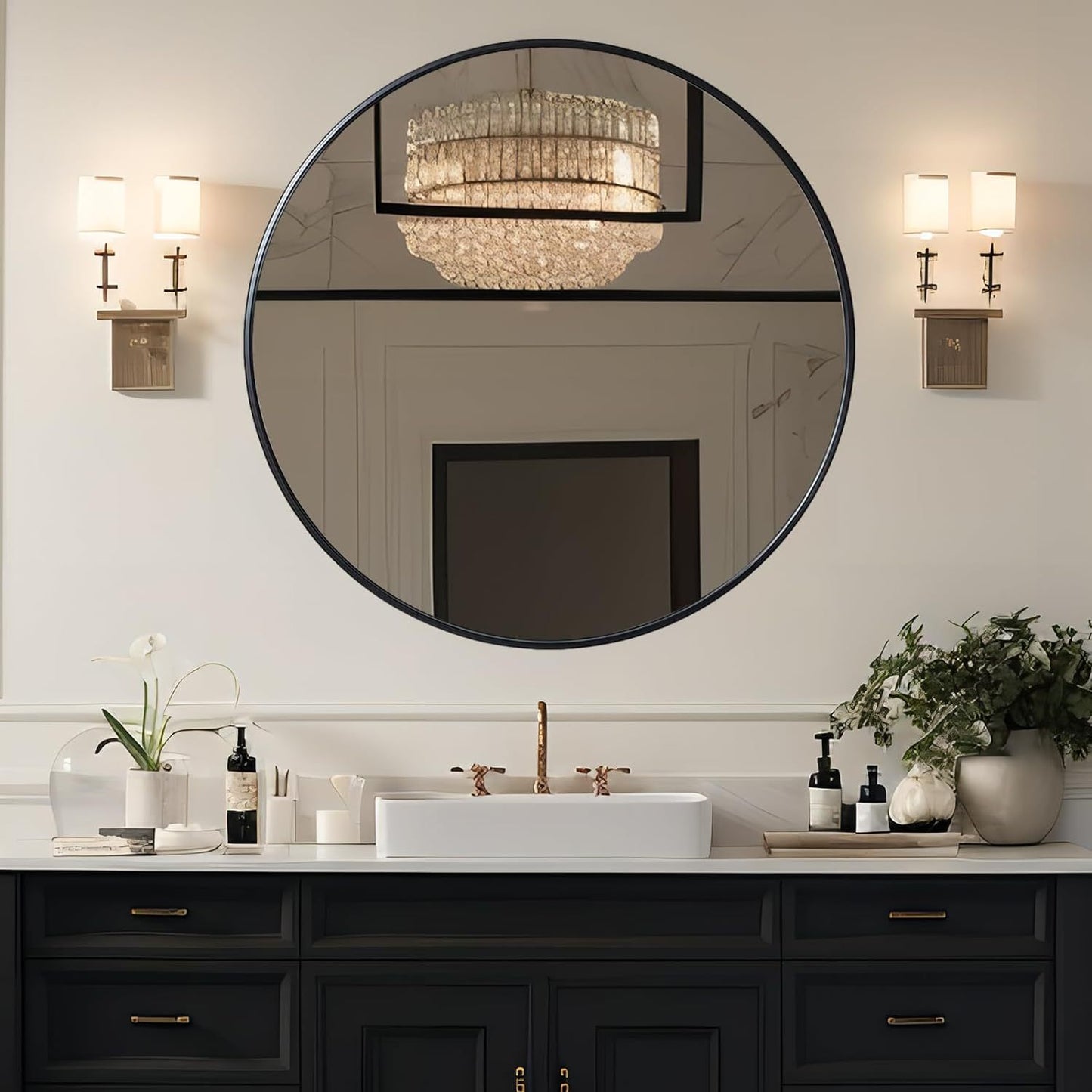 Round Metal Frame Wall Mirror – 39" Large Bathroom Vanity Mirror, Modern Circular Decorative Mirror