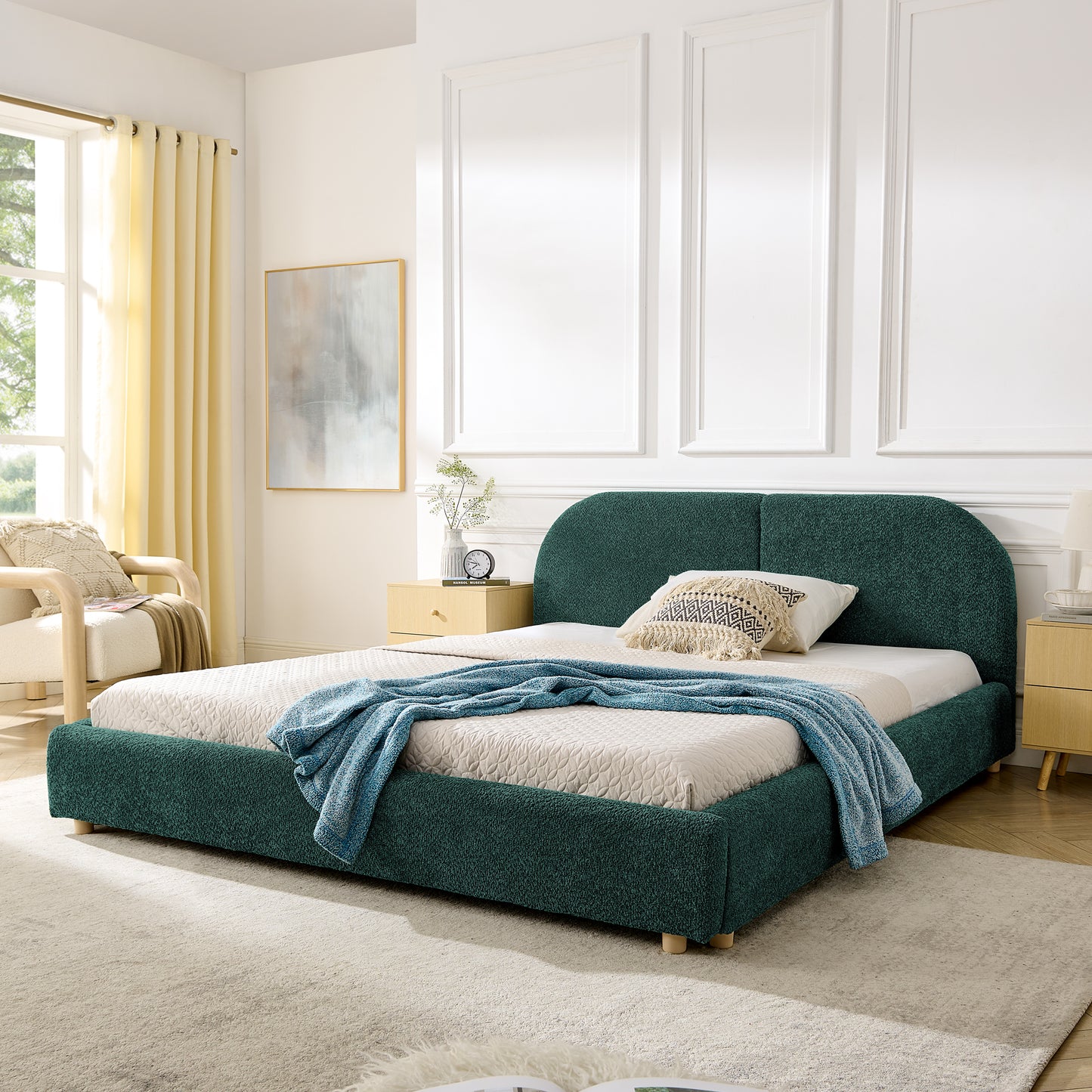 Upholstered Bed Frame, Modern Minimalist Style with Tall Curved Headboard, Premium Circle Yarn