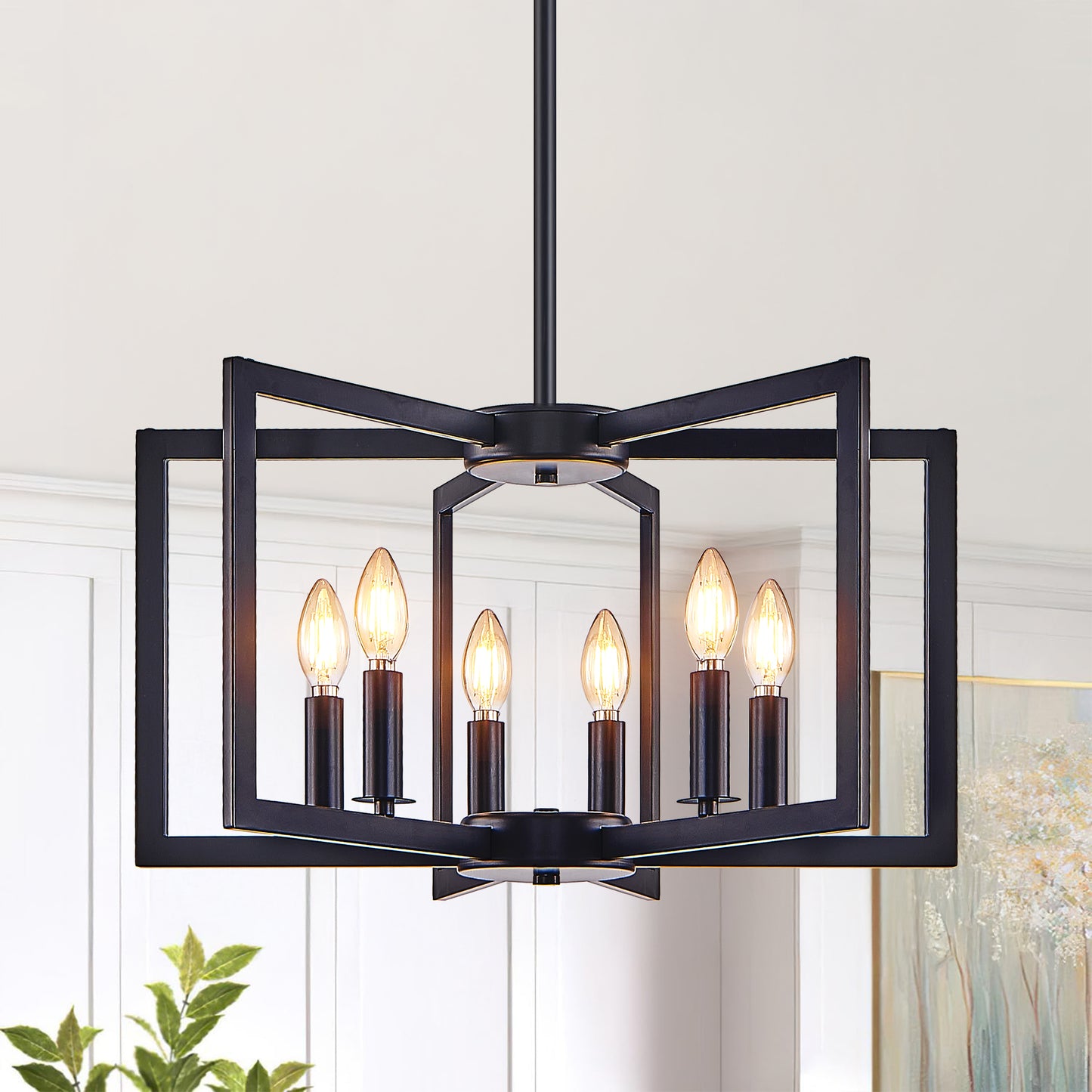 Modern Black Geometric Chandelier – Industrial Metal Pendant Light Fixture for Living Room, Dining Room,
