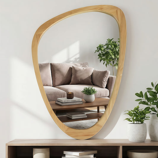 Large Irregular Solid Wood Wall Mirror with Asymmetrical Frame for Bedroom or Entryway