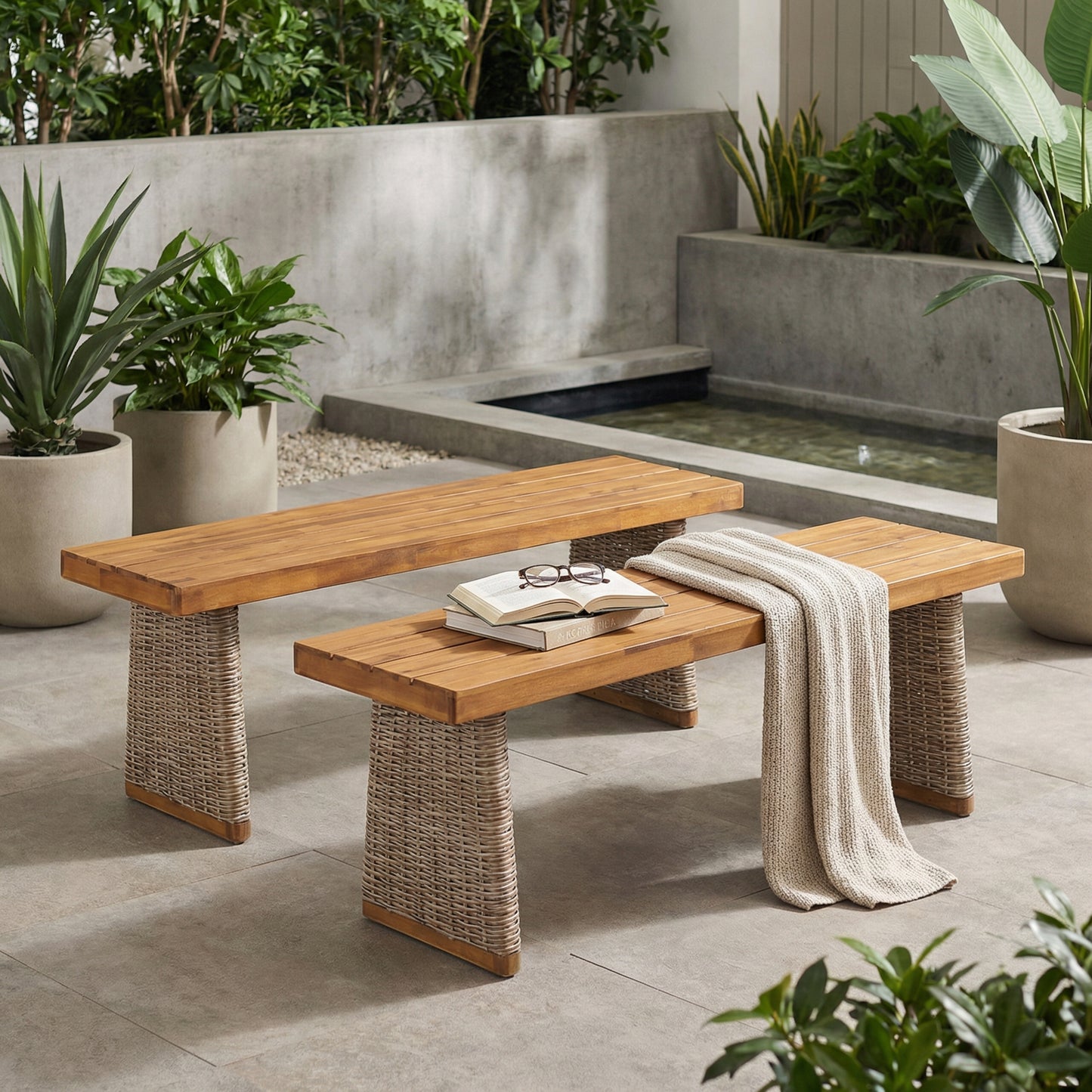 Outdoor Acacia Wood Bench Set of 2 – Teak Finish Patio Benches with Handwoven Rattan Legs and Slat Design