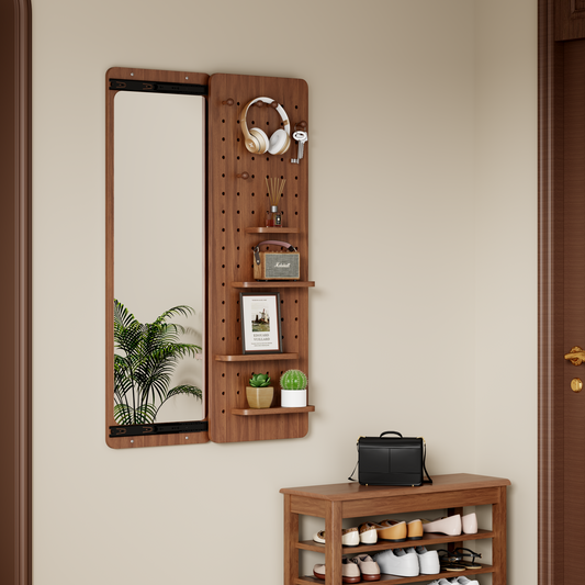 Wall-Mounted Full-Length Mirror Rubber Wood and Solid Wood Walnut Storage and Shelf for Bedroom, Entryway and Dressing Areas