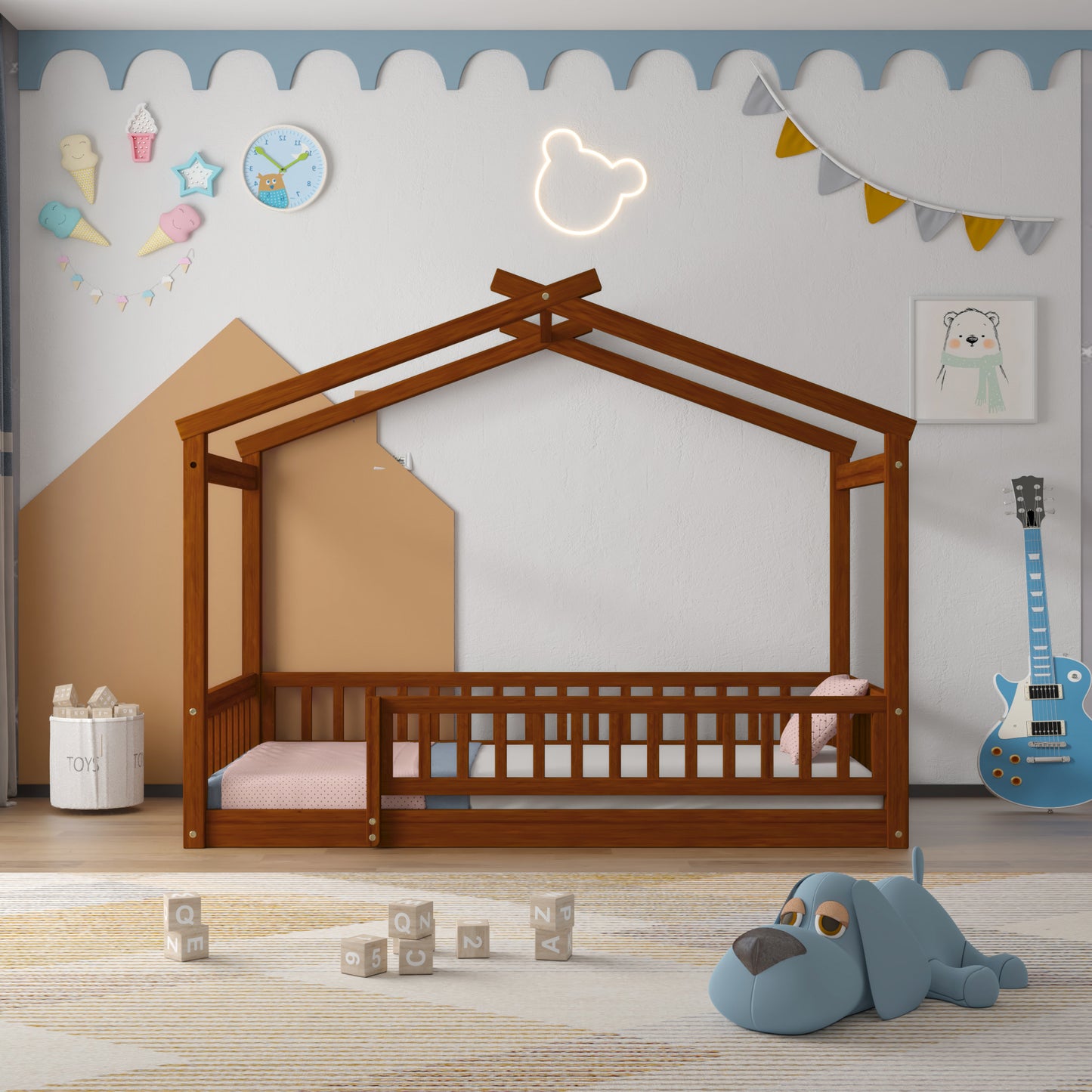 Wood Bed House Bed Frame with Fence for Kids, Teens, Girls, Boys
