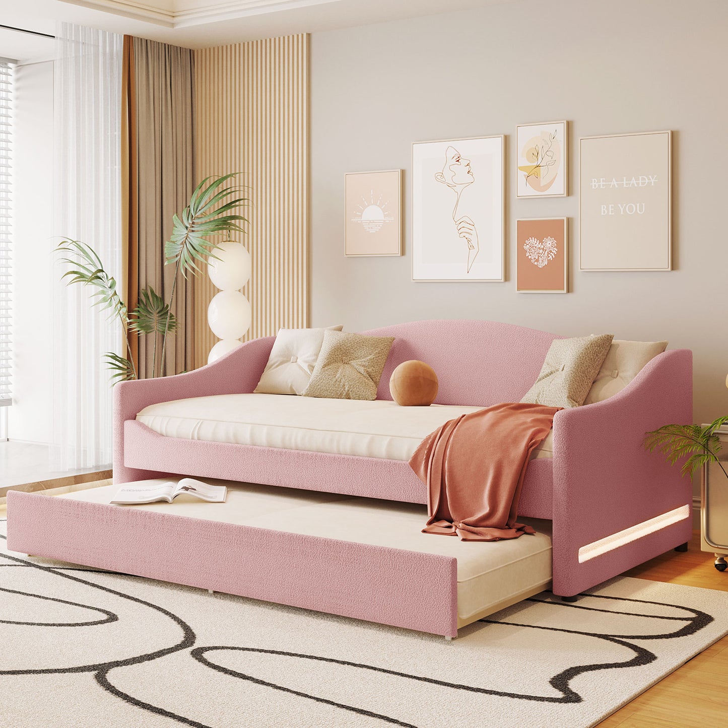 Teddy Fleece Twin Size Upholstered Daybed with Light and Trundle