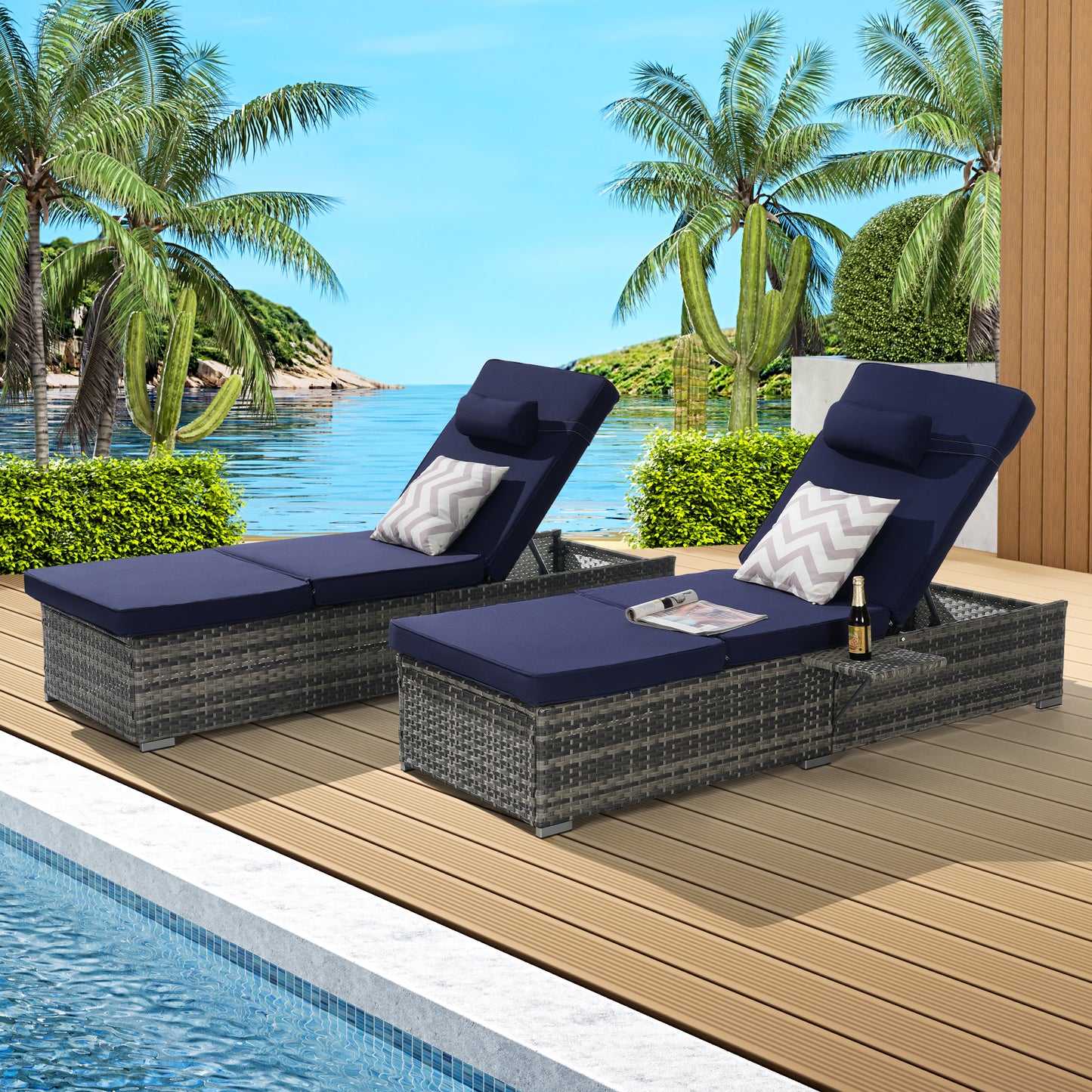 Outdoor Chaise Lounge Chair Set – Set of 2 Rattan Reclining Loungers with Storage, Patio Poolside Chairs
